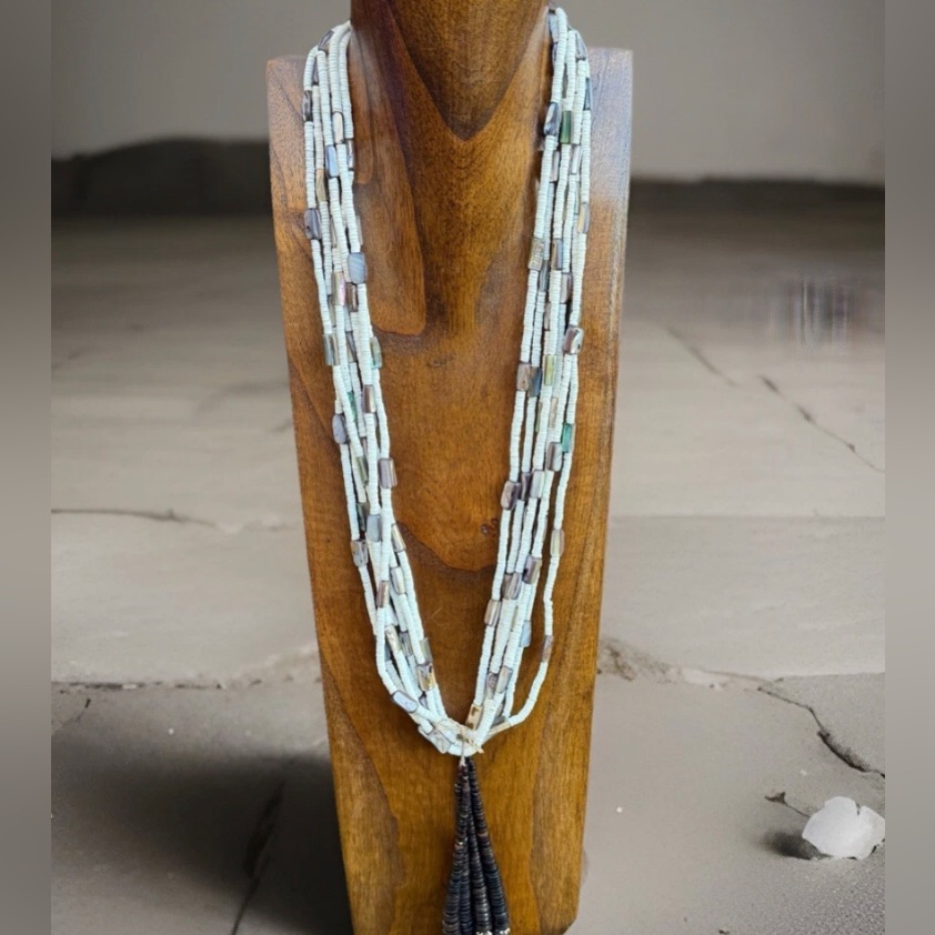 Native American Sterling Silver White Brown Heishi Shell Jackla Bead Necklace 32